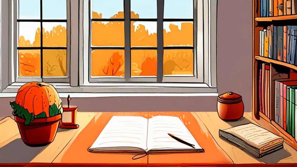 Original conceptual illustration of notebooks and autumn craft materials on a library table