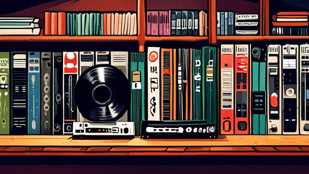 Conceptual illustration: A table with a stack of vinyl records and a microphone on a music store shelf.