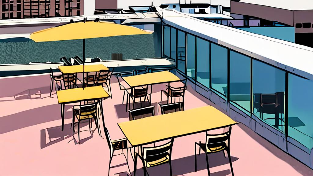 Conceptual illustration: A rooftop terrace with empty chairs and tables.