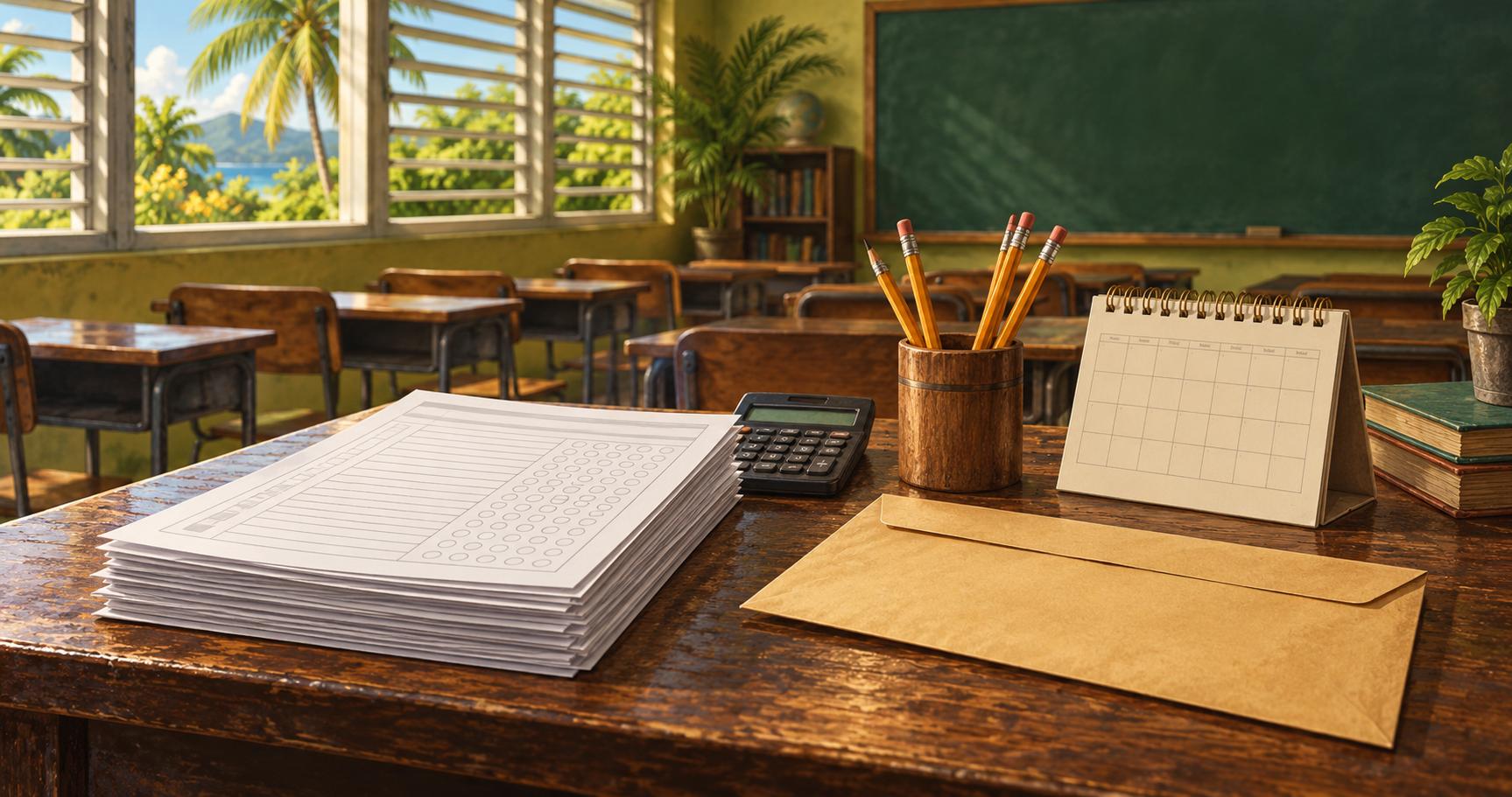 Editorial illustration of examination papers, pencils, a calculator and payment paperwork in a Caribbean classroom.